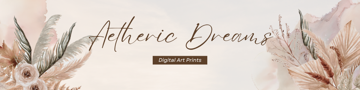 Aetheric Dreams digital art prints banner with botanical elements and script typography