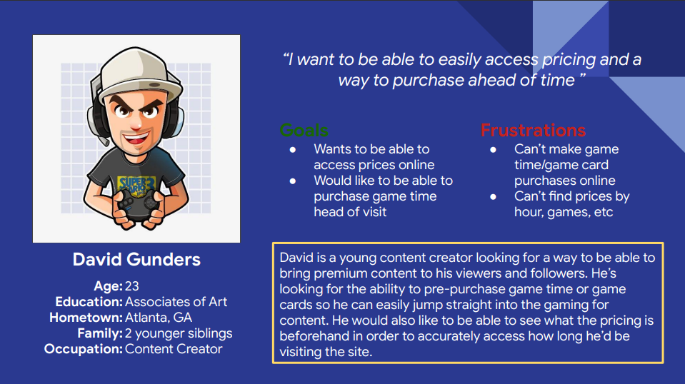 User research persona for Arcade Booking app showing user goals and frustrations