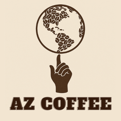 AZ Coffee logo with coffee bean globe balanced on a finger
