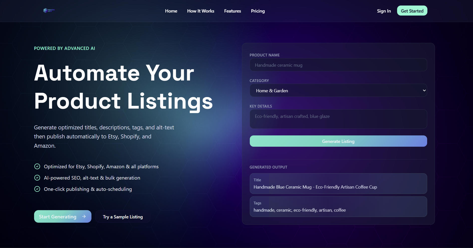 Makers Hive dashboard showing AI-powered product listing generator with form inputs and generated output preview