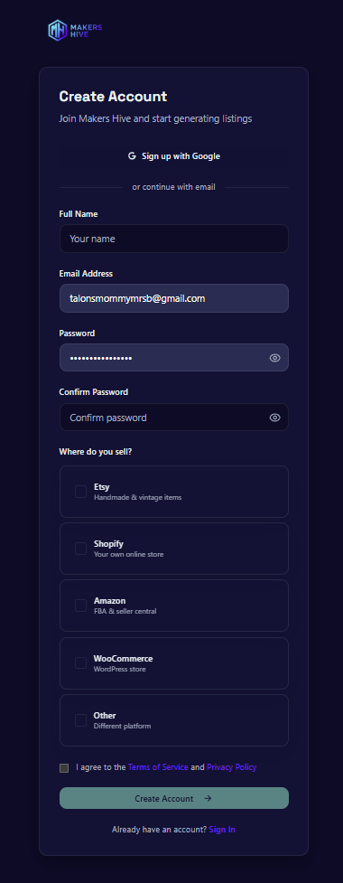 Makers Hive account creation flow with platform selection for Etsy Shopify Amazon WooCommerce and other platforms
