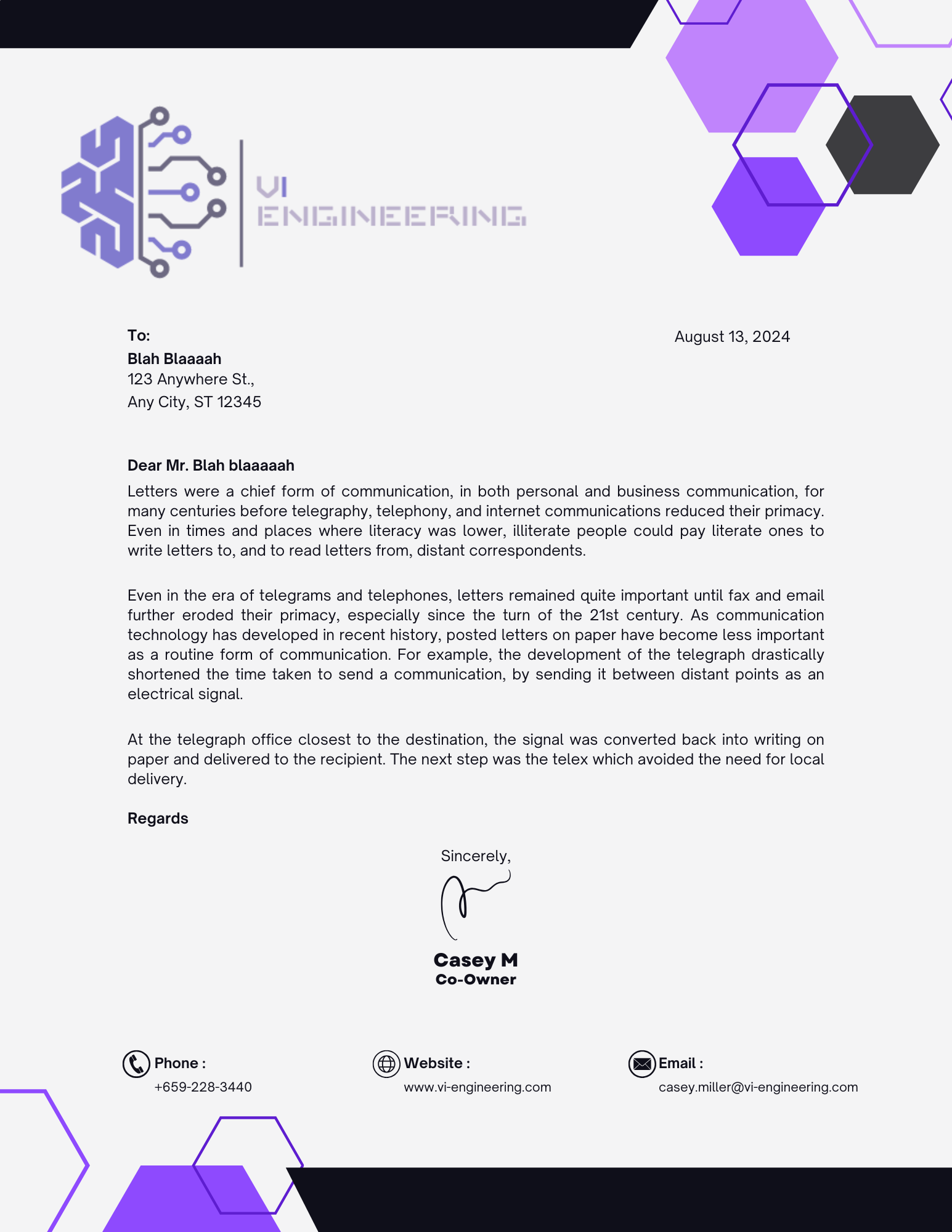 VI Engineering letterhead -- Casey M, Co-Owner