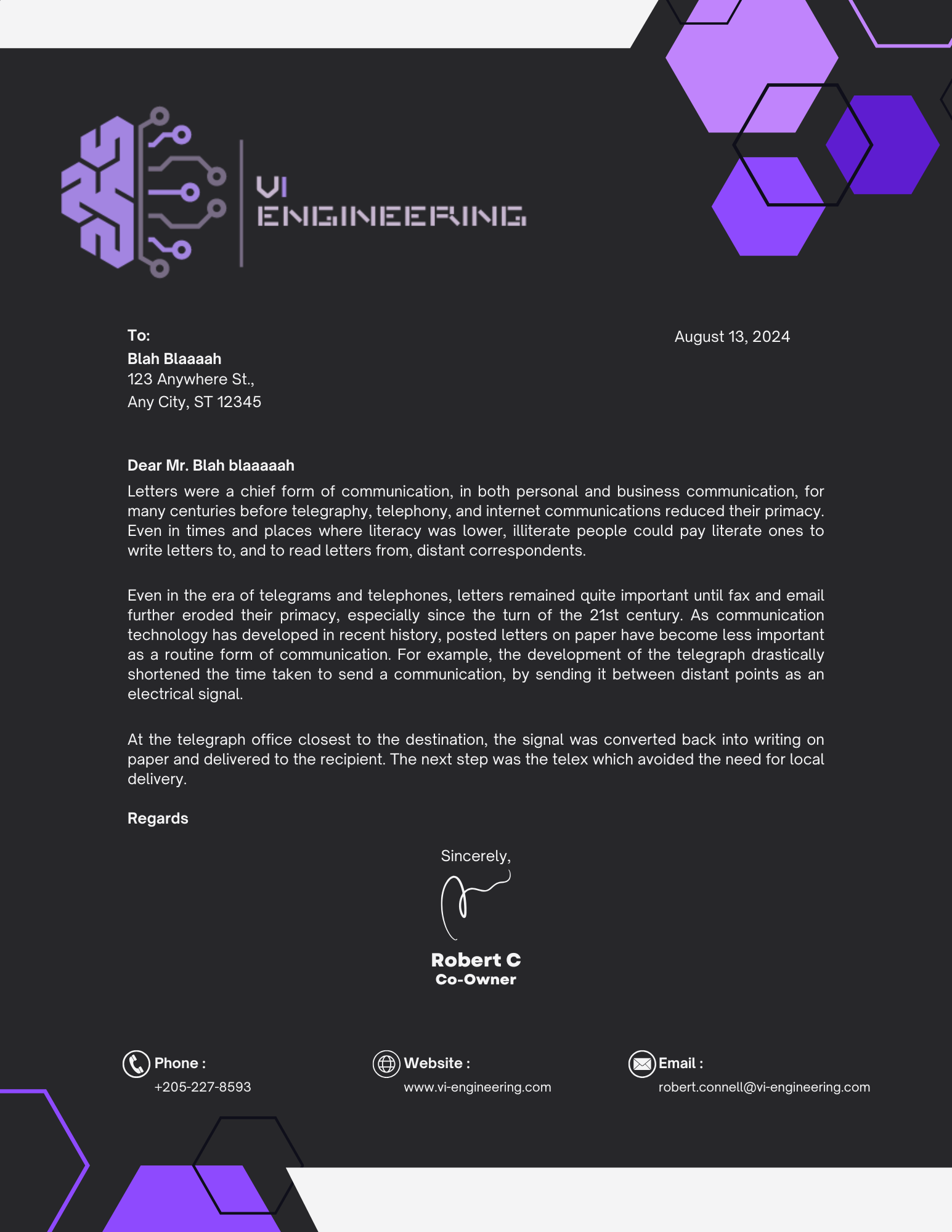 VI Engineering letterhead -- Robert C, Co-Owner